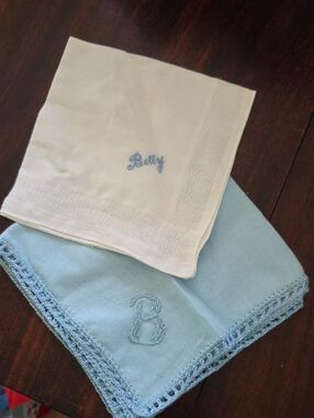 Embroidered Monogram Handkerchiefs - White & Light Blue